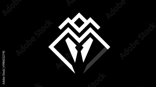 Modern abstract geometric symbol with sharp angles on black background. Minimalist graphic design featuring stylized 'M' or spider form.