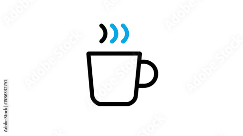 Minimalist steaming mug icon with blue and black steam lines on a white background, representing hot beverages, coffee, or tea.