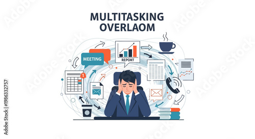 Overwhelmed Businessman Multitasking Office.