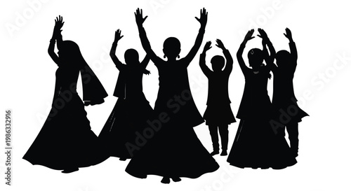 Silhouette of happy dancing women in elegant dresses celebrating together in black isolated on white background for joyful lifestyle concept