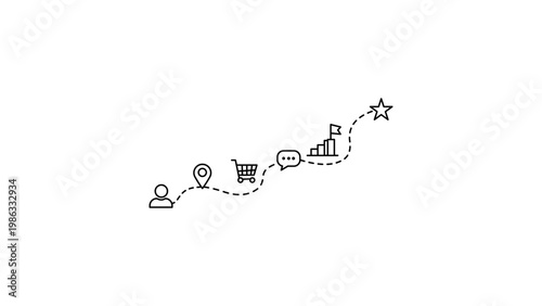 Customer Journey Map Vector Icon Illustration: Minimalist Black Line Outline of a Winding Dotted Path Connecting User, Location, Shopping Cart, Chat, Growth Chart, and Star on White Background