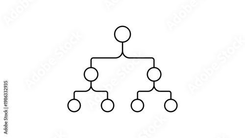 Decision tree vector icon illustration featuring a minimalist black line branching structure on a white background, representing hierarchy, organization charts, logical flow, and data analysis.