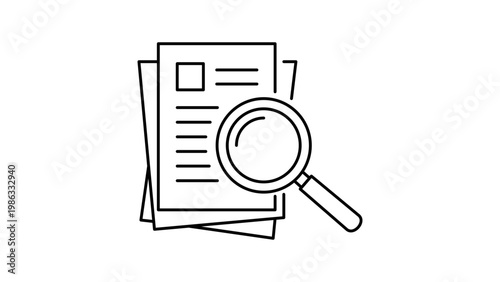 Minimalist black line vector icon illustration of a magnifying glass over a stack of documents, representing due diligence, audit, research, and data analysis on a clean white background.