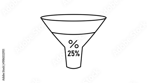 Minimalist black line vector icon illustration of a sales funnel with a twenty-five percent metric, representing conversion rates, data analytics, and marketing performance on a white background.