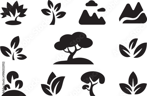 Array of nine black icons showcasing diverse trees, plants, and natural mountain landscapes for environmental themes