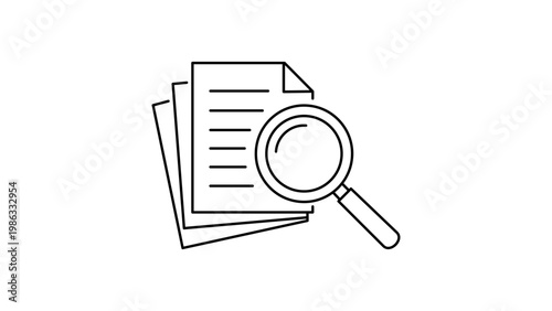 Minimalist black line vector icon illustration of a magnifying glass over a stack of documents, representing due diligence, research, audit, search, analysis, and investigation on white background.