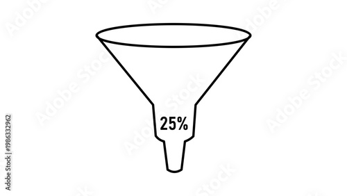 Minimalist black line vector icon illustration of a funnel with a 25 percent metric on a white background, representing conversion rates, data filtering, sales processes, and marketing analytics.