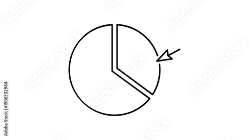 A minimalist black line vector icon illustration of a pie chart with a separated segment and an arrow, representing market share, data analysis, statistics, business growth, and financial reports.