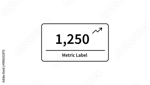 Minimalist black line vector icon of a metric dashboard card featuring a numerical value, upward growth arrow, and label placeholder, isolated on white for business data visualization design.