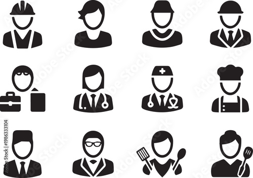 Set of black and white vector icons representing various professions and occupations, ideal for business and career-related designs