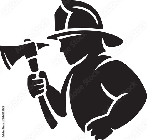 Strong firefighter silhouette holding a rescue axe wearing protective helmet for emergency services concept and heroic profession themes