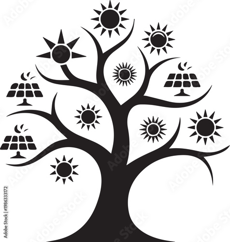 Stylized black tree silhouette adorned with solar panels and sun symbols representing renewable energy and eco friendly power generation