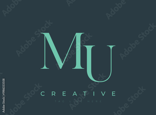 Teal letter MU creative logo design with tagline on dark background