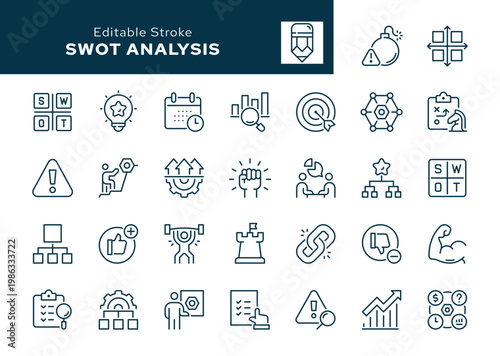 SWOT. Set of outline icons. Strengths and weaknesses, disadvantages and advantages, planning, strategy, opportunities, threats and more. Line icon in linear style. Vector collection	