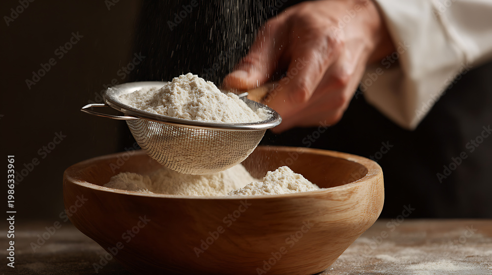 Fototapeta premium A chef's hand sifts white flour into a wooden bowl, creating a cloud of dust in a dimly lit, rustic kitchen environment, natural light, close up