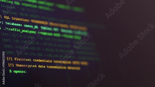 Abstract coding interface with green symbols, symbolizing cyber defense, information security and threat detection in network systems.
