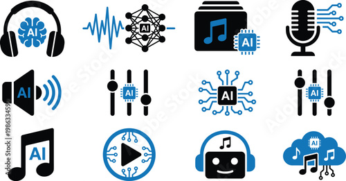Artificial intelligence audio technology icons set with music sound voice recognition neural network modern digital innovation vector illustration design collection