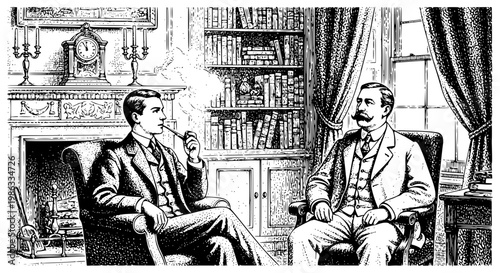 Sherlock Holmes and Dr. Watson in 221B Baker Street. Monochrome vector illustration. Transparent SVG version.