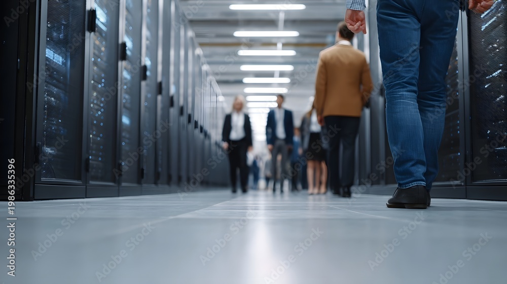 Obraz premium Professionals walk through a vast modern server data center symbolizing the movement of digital information and business growth