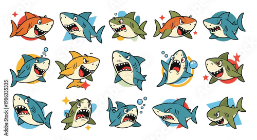 Cartoon sharks illustration set for design and decoration