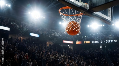 A dramatic sports photo of a basketball going cleanly through the hoop at a packed indoor arena