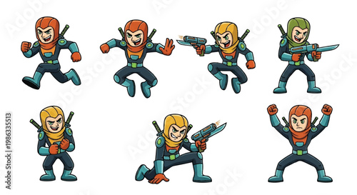 Cartoon superhero poses and actions for animation and design