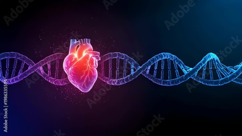 Human heart integrated with dna helix strand. Medical visualization of genetic cardiology research. Biotechnology study of cardiac health and genomic engineering.