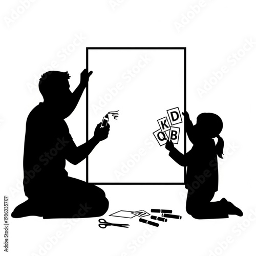 Single parent teaching child with alphabet blocks silhouette representing education and early learning at home