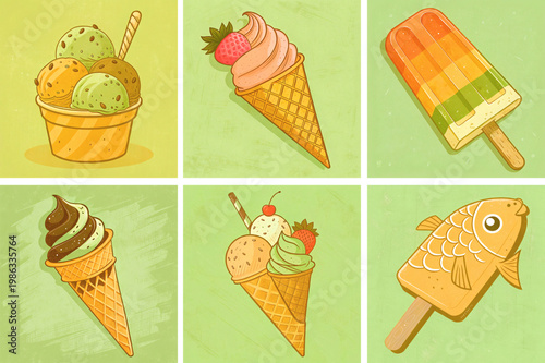 Collection of 10 flat ice cream and frozen dessert icons. Includes waffle cones (vanilla, strawberry, chocolate), popsicle, sundae, milkshake, gelato, fish popsicle, sprinkles cone, triple scoop.