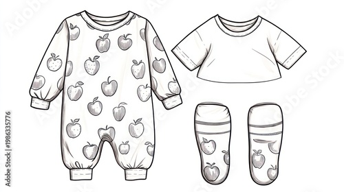 A baby clothing set featuring a romper, t-shirt, and socks, all illustrated in line art