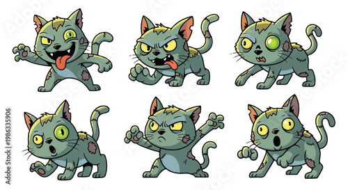 Cartoon zombie cat set with various poses isolated on white