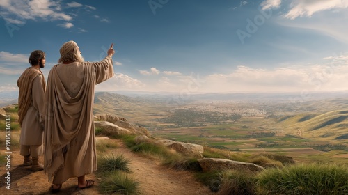 A wide pastoral scene of abram and lot separating their lands as abram gestures toward open plains while lot looks to the fertile valley under soft midday light.