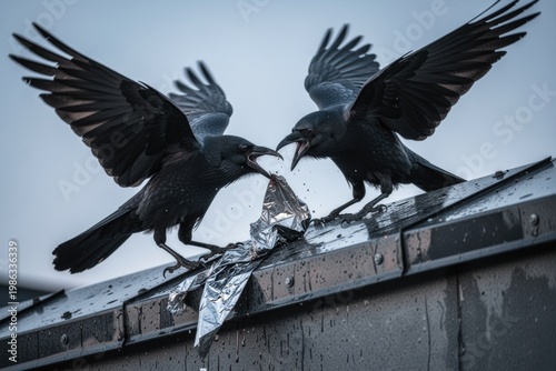 Crows fighting over torn foil on a wet rooftop with wings spread in rain