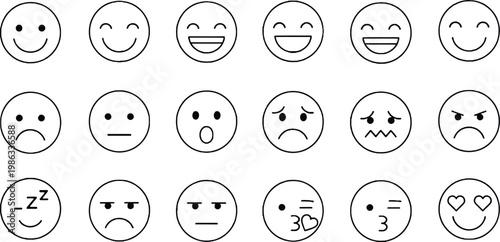Outline Emoji Smiley Face Icon Set with Happy, Sad, Angry, Sleepy, Kiss, and Love Expression Symbols for Social Media, Chat, and Graphic Design Projects