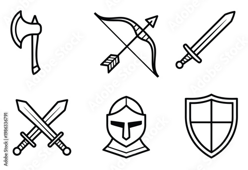 Medieval knight icons including a sword shield helmet axe and bow with arrow, ancient warfare weapon set and warrior equipment symbols, historical battle and fantasy combat concept vector