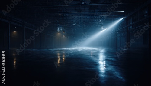 empty, dark warehouse with a light beam