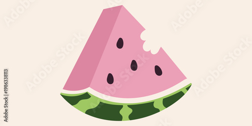 Minimalist vector illustration of a bitten watermelon slice with pink flesh and seeds