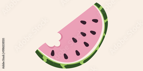 Minimalist vector illustration of a bitten watermelon slice with pink flesh and seeds