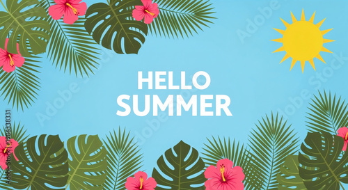 Bright and colorful design featuring summer elements with tropical leaves, flowers, and sun in the background for a cheerful summer vibe
