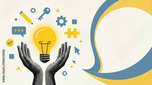 Minimal business idea concept with hands holding a glowing lightbulb, surrounded by various icons of innovation and success, with a large clean copy space.