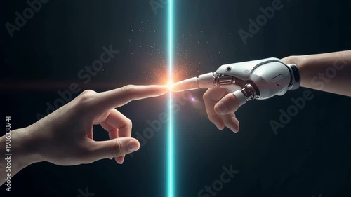 暗い背景の発光バリア越しに日本人の指とロボットが触れる