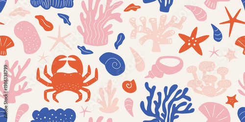 Abstract flora and fauna, simple organic underwater life seamless pattern. Modern silhouette elements, sea or ocean summer collection. Crab, coral, starfish, seaweed, sea shells illustration.