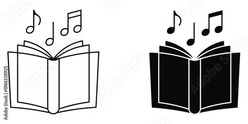 Music book icon set audiobook symbols modern design, digital audio learning and music reading concept, media library and sound education interface vector