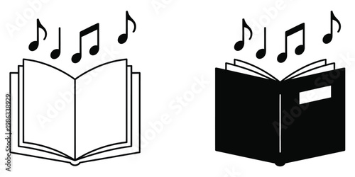 Music book icon set audiobook symbols modern design, digital audio learning and music reading concept, media library and sound education interface vector