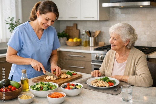 Caregiver preparing healthy meal for smiling elderly woman in bright home kitchen