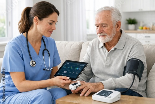 Home health nurse checking elderly man's vital signs with tablet monitoring and blood pressure cuff