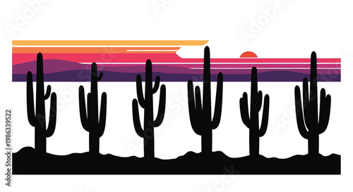 Silhouetted cacti against a vibrant desert sunset with layered color bands