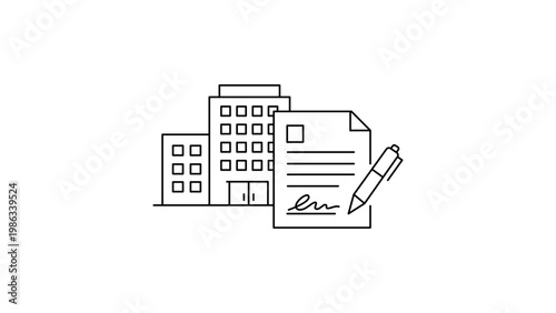Commercial Lease Agreement Vector Icon: A minimalist black line illustration on a white background featuring office buildings, a signed contract document, and a pen for business rental concepts.