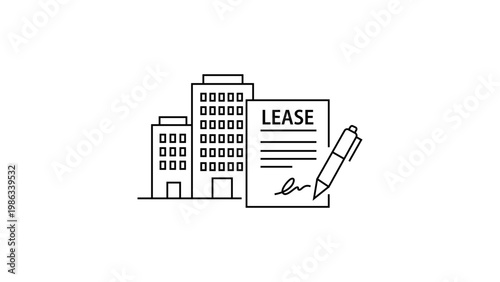 Commercial lease agreement minimalist black line vector icon illustration on white background, featuring office buildings, a signed document, and a pen for real estate and business concepts.