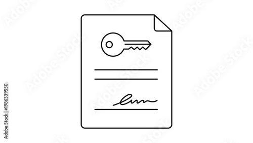 Lease agreement vector icon illustration featuring a minimalist black line document with a key symbol and signature, perfect for real estate rental contracts, property ownership, and legal deals.